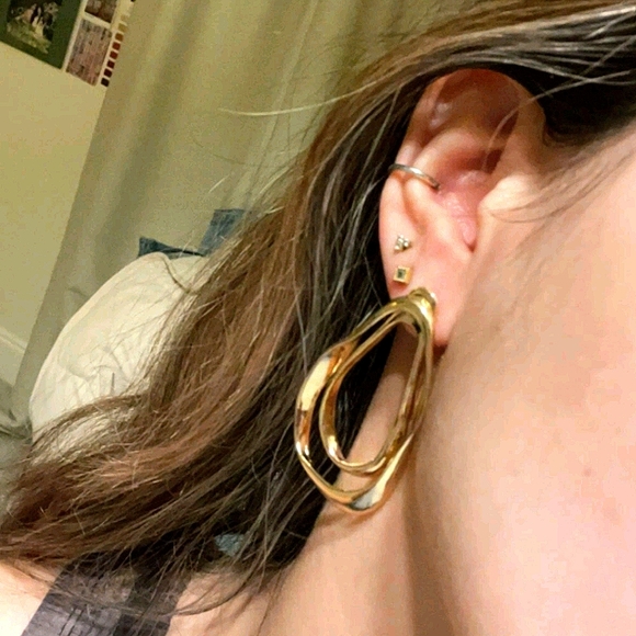 Gold hoop Hammered plated thick double layer boho big earrings - Picture 15 of 17